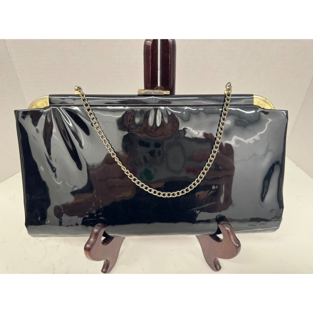 Vintage Black Patent Leather Clutch Gold Hardware Evening Bag with Chain Strap